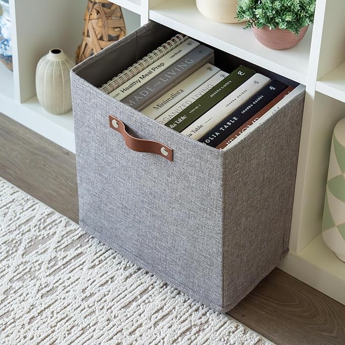 OrganiHaus 13x13 Cube Fabric Storage Bins Set of 4, Fabric Storage Cubes w/ Vegan Handles, 13 inch Collapsible Bins for Clothes & Toy Organizer, Cubbies Organizer, 13x13 Basket for Decor - Grey
