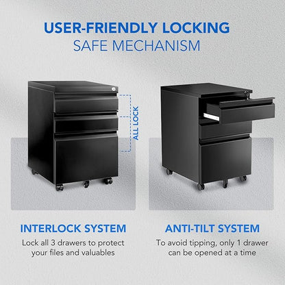 FLEXISPOT 3-Drawer Mobile File Cabinet for Home Office - Under Desk Storage, Locking Keys, Organizer for Legal/Letter/A4 Files, Black