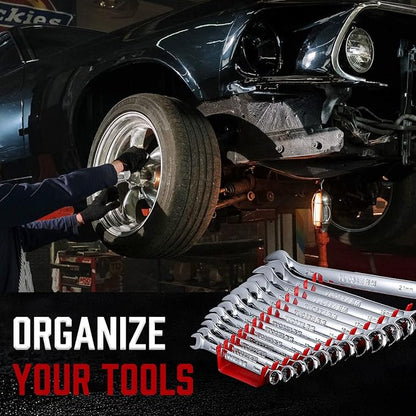 ALOANES 26-Slot Metal Wrench Organizer, Heavy Duty Wrench Organizer Tray for Tool Box, Professional Fit SAE & Metric Wrench Storage, 2 Pack Wrench Holders(Red)