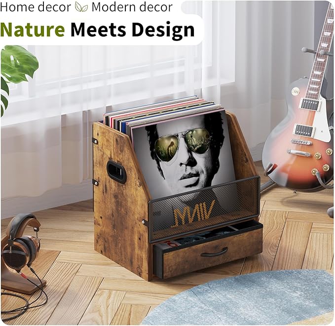 Vinyl Record Storage Crate with Fabric Drawer, Wooden LP Album Storage Holder for 12" Vinyls, All-in-One Organizer Holds 60 LPs