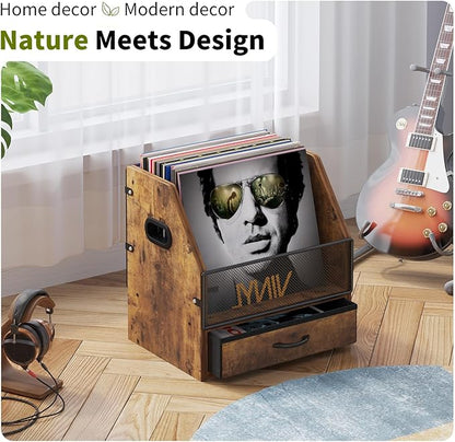 Vinyl Record Storage Crate with Fabric Drawer, Wooden LP Album Storage Holder for 12" Vinyls, All-in-One Organizer Holds 60 LPs