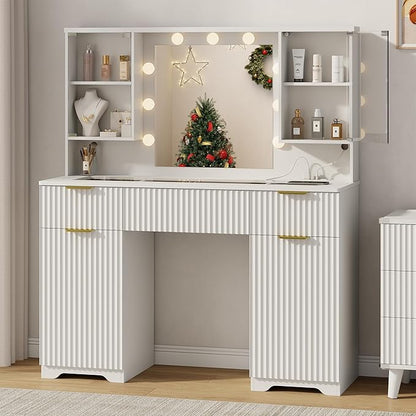 ONME 47.2" Fluted Vanity Desk with Mirror and Lights, Big Vanity with 5 Large Drawers and Adjustable Shelves, Makeup Vanity Table with Glass Top and Charging Station for Women and Girls Bedroom