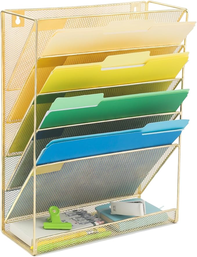 EASEPRES Desk File Organizer Mesh 6-Tier, Hanging Wall Mount Document Organization Stand, Desktop Vertical Mail Paper Folder Holder Rack with Bottom Tray for Office Home Cubicle Countertop, Gold
