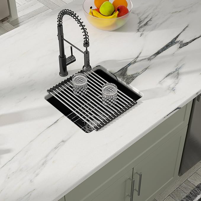 Dcolora 18 Inch Quartz Composite Black Wet Bar Sink Undermount Small Prep Granite Composite Kitchen Sink RV Single Bowl Under Counter, 18"x 16", DC-GU7746