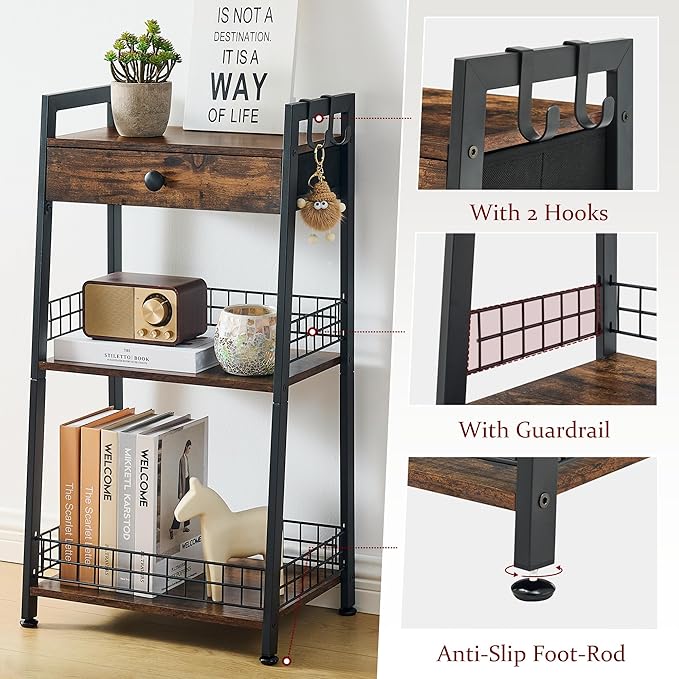 3-Tier Ladder Shelf with Drawer, Bathroom Stand Floor Storage Shelf, Freestanding Tower Shelf Ladder Table for Living Room, Bedroom -Rustic Brown