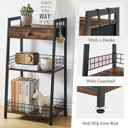 3-Tier Ladder Shelf with Drawer, Bathroom Stand Floor Storage Shelf, Freestanding Tower Shelf Ladder Table for Living Room, Bedroom -Rustic Brown