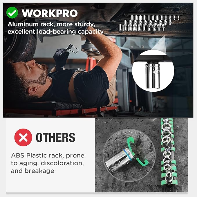 WORKPRO Magnetic Socket Organizer, 1/4-Inch Drive Aluminum Alloy Socket Rail, Heavy Duty Socket Holder, Socket Rack Kit 1/4-Inch x 12 Clips Black (Socket not Included)