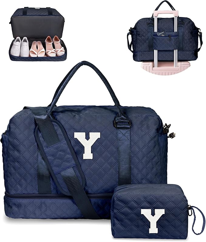 Initial Personalized Travel Bag with Shoulder Strap, Wet Pocket, Makeup Bag Gift for Women (Letter Y)
