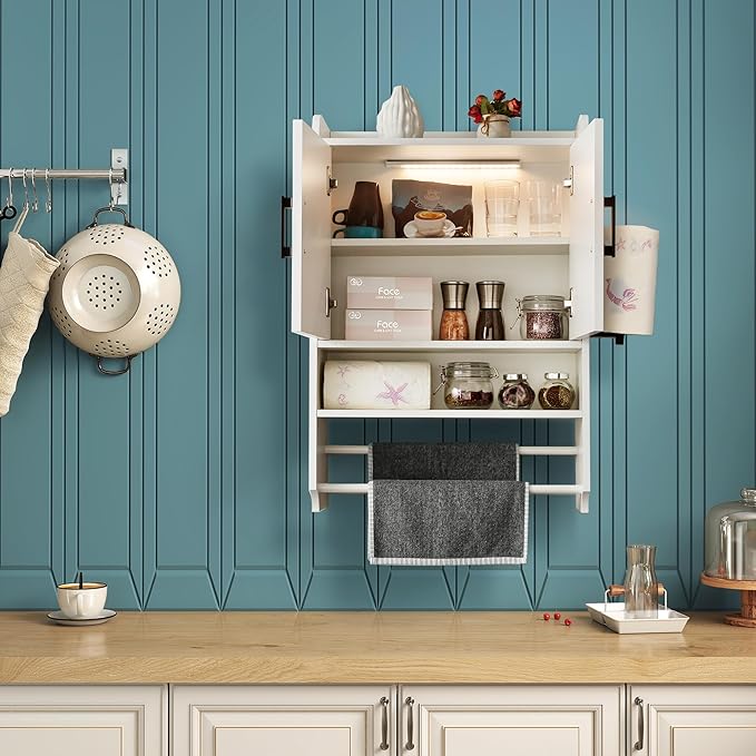 Bathroom Wall Cabinet with Door, Over The Toilet Wood Hanging Medicine Cabinets with DIY Lighting for Laundry Room Kitchen Storage