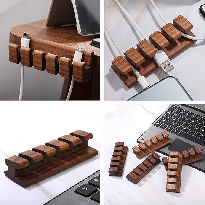 Walnut Wood Cord Holder – 5 Slots Cable Organizer with Adhesive Tape, Desk Wire Management for USB, Charging, HDMI, and Type-C Cables (5 Slot)