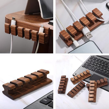 Walnut Wood Cord Holder – 5 Slots Cable Organizer with Adhesive Tape, Desk Wire Management for USB, Charging, HDMI, and Type-C Cables (5 Slot)