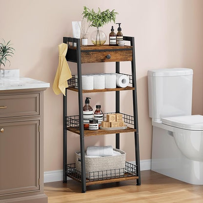 4-Tier Ladder Shelf with Drawer, Bathroom Stand Floor Storage Shelf, Freestanding Tower Table Ladder-Rustic Brown.