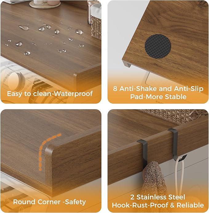 Washer Dryer Countertop, Wood Countertop with Edge Rails for Laundry Room Organization and Storage, Washer Dryer Topper for Laundry Room, 27.5" x 54" (Walnut Wood)