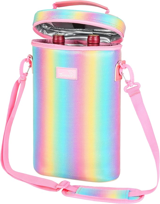 Tirrinia 2 Bottle Wine Gift Tote Carrier - Leakproof & Insulated Padded Versatile Wine Cooler Bag for Travel, BYOB Restaurant, Wine Tasting, Party, Dinner, Gift for Wine Lovers, Rainbow