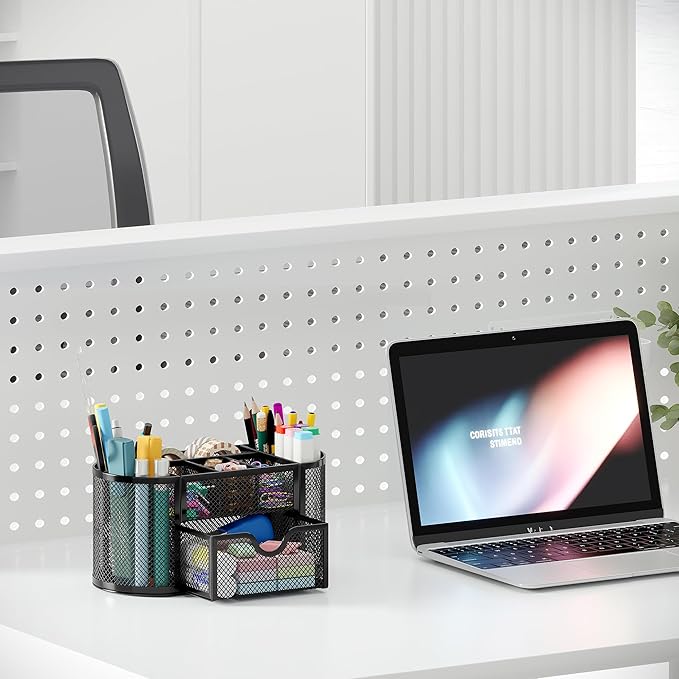 EasyPAG Mesh Pen Holder Desk Organizer with Drawer Stationery Supplies Organizer for Dorm School 9 Compartments Workspace Desk Accessories Organization for Office, Black