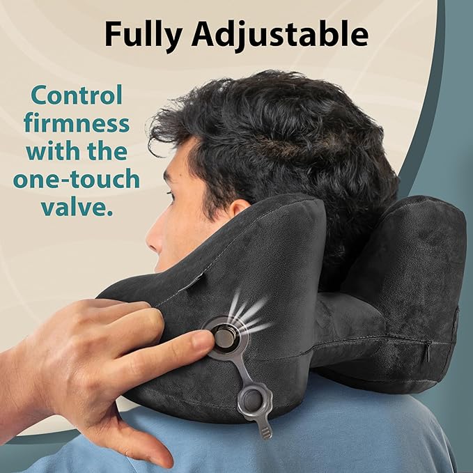 Air Inflatable Neck Pillow for Traveling on Plane - H-Shape Hooded Airplane Pillow with 5 Snooze Modes, Fast Inflation, Pressure Control, Cozy Clip-On Hood & Plushy Cover - Size L, Jet Black