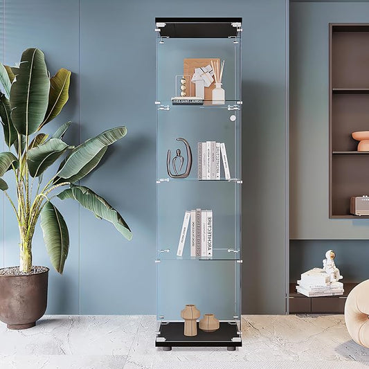 Beauty4U Glass Display Cabinet with 4 Shelves, Curio Cabinets for Living Room, Bedroom, Office, Black Floor Standing Glass Bookshelf, Quick Installation