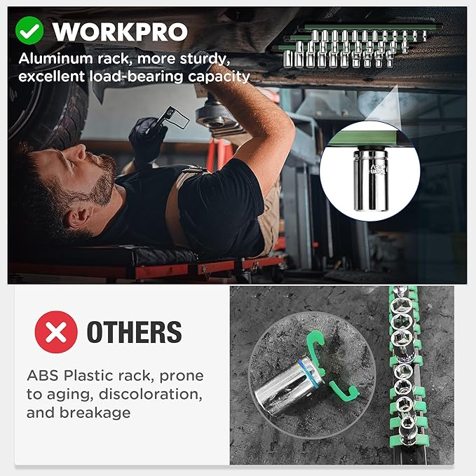 WORKPRO Magnetic Socket Organizer, 1/2-Inch Drive Aluminum Alloy Socket Rail, Heavy Duty Socket Holder, Socket Rack Kit 1/2-Inch x 10 Clips Green (Socket not Included)