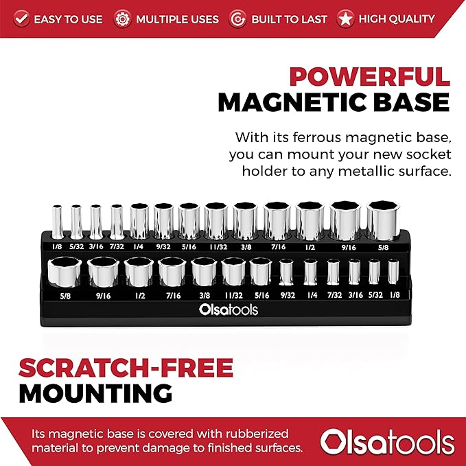 Olsa Tools Magnetic Socket Organizer | 1/4-Inch Drive | SAE | Black | Holds 26 Sockets | Professional Quality Tools Organizer