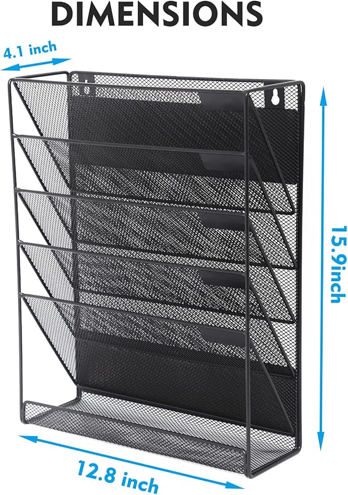 EASEPRES Magnetic File Organizer Mesh 6-Tier, Hanging Wall Mount File Organizer Vertical Holder Rack for Office Home, Black