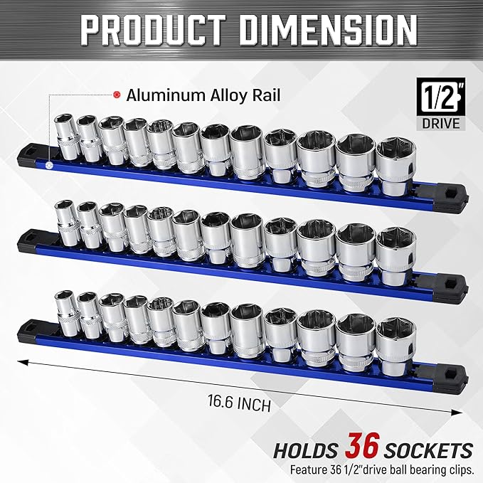 ALOANES 3-Piece Magnetic Socket Organizer, Heavy Duty Aluminum Socket Rails Organizer, 360° Swivel Clips Socket Holder Kit for Tool Box, 1/2-Inch Socket Holder x 36 Clips (Blue)