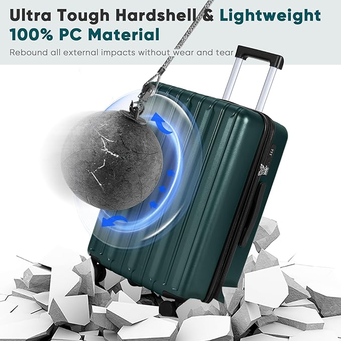 SHOWKOO Luggage Sets 3 Piece 100% PC Ultra Tough Hardside Expandable Suitcases Sets with TSA Lock Double Spinner Wheels (20in/24in/28in, Dark Green
