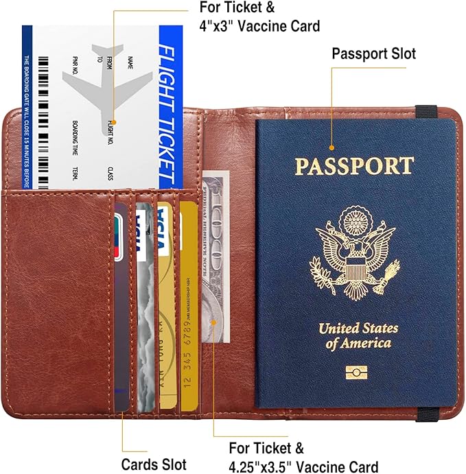 Passport Holder for Travel Passport Cover for Men Passport Wallet Case With 3D Metal Badge Protector Leather Card Case RFID Blocking Women Travel Accessories Document Organizer (Brown)
