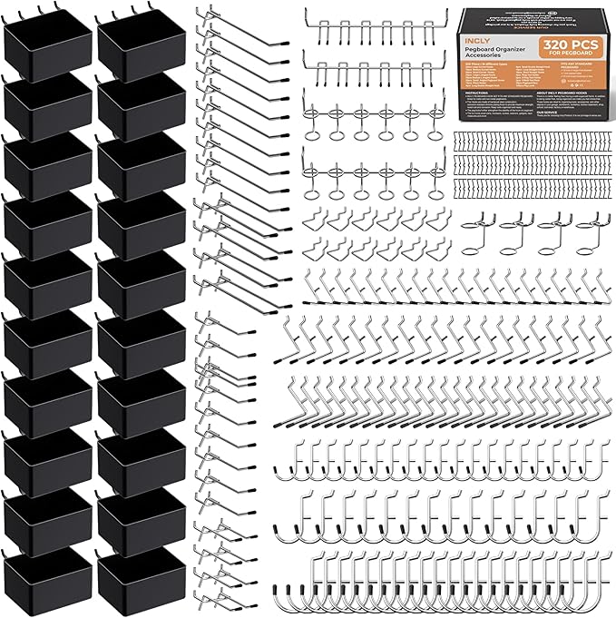 INCLY 320PCS Pegboard Accessories Organizer Kit, Peg Board Hooks Assortment with 20PCS Bins for Organizing Various Tools, Fit 1/8 or 1/4 inch Pegboard for Hanging Storage, Garage Wall Attachments