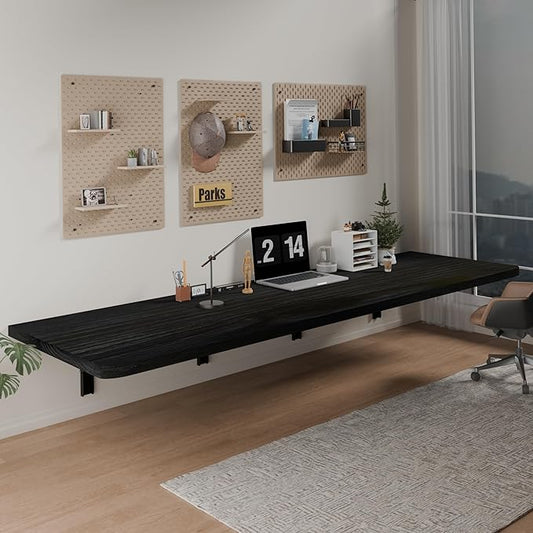 IAE Floating Wall Mounted Folding Table Desk with Pine Wood,72" x 22" Foldable Workbench,Fold Down Wall Mounted Foldable Desk with Shelf Brackets,Laundry Folding Table for Home,Dining,Kitchen,Black