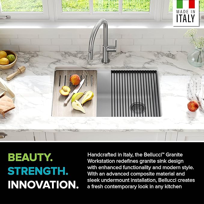 KRAUS Bellucci 30” in. Undermount Workstation Granite Kitchen Sink in White with Accessories, KGUW1-30WH