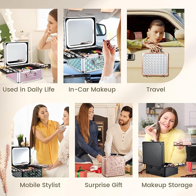Makeup Box with Magnetic Lighted Up Mirror Makeup Organizer Box Travel Cosmetic Case Portable Vanity with 3 Colors LED MirrorMake up Suitcase with Lockable Keys Dividers Brush Holder Dark Green
