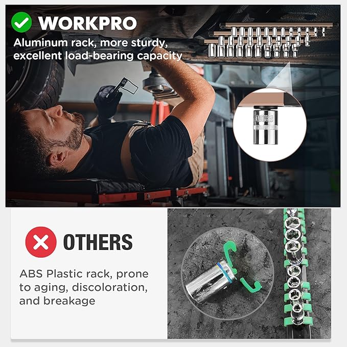 WORKPRO Magnetic Socket Organizer, 1/4-Inch Drive Aluminum Alloy Socket Rail, Heavy Duty Socket Holder, Socket Rack Kit 1/4-Inch x 12 Clips Champagne (Socket not Included)