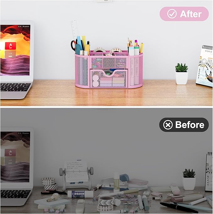 EasyPAG Mesh Pen Holder Desk Organizer with Drawer Stationery Supplies Organizer for Dorm School 9 Compartments Workspace Desk Accessories Organization for Office, Light Pink