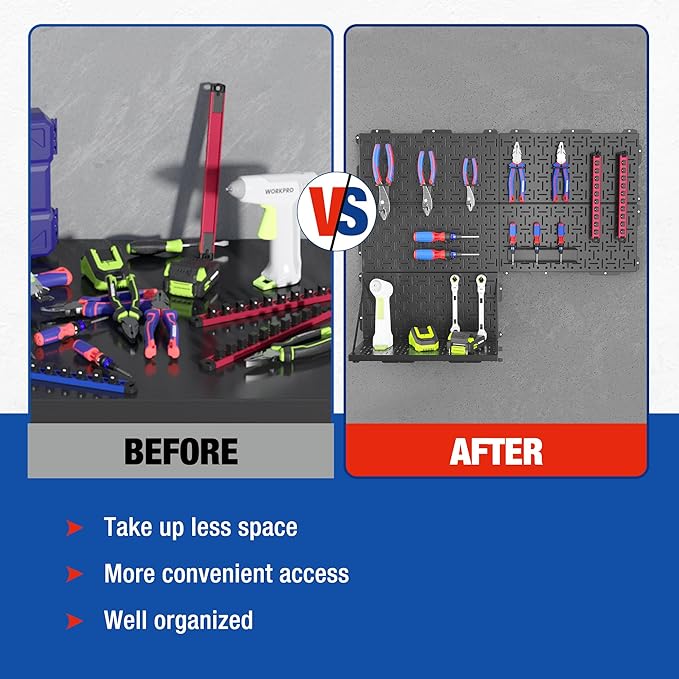 WORKPRO 16”x 16” Metal Peg Board, Foldable Black Pegboard for Wall Organization, Steel Panel with Round Holes & Vertical Slots, Ideal Tool Organizer in Office and Craft Room, 3 Pack