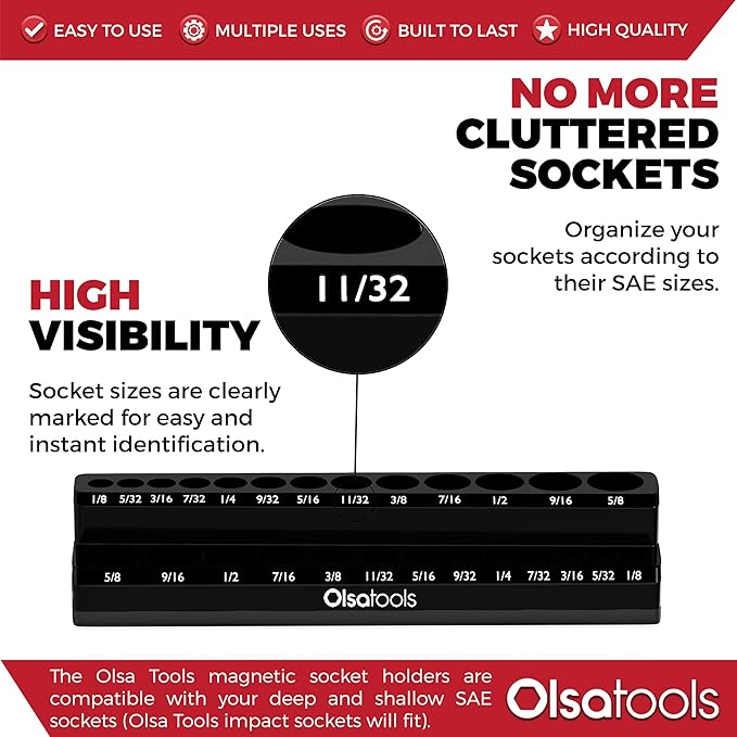 Olsa Tools Magnetic Socket Organizer | 1/4-Inch Drive | SAE | Black | Holds 26 Sockets | Professional Quality Tools Organizer