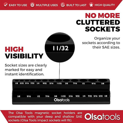 Olsa Tools Magnetic Socket Organizer | 1/4-Inch Drive | SAE | Black | Holds 26 Sockets | Professional Quality Tools Organizer