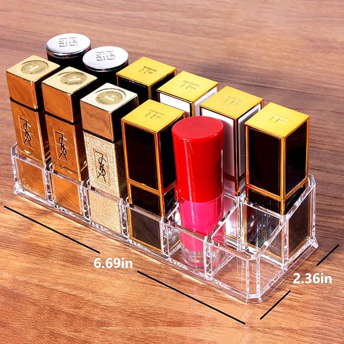Lipstick Holder 12 Spaces Lipgloss Organizer, 2 Rows - Nail Polish Organizer Makeup Holder & Cosmetics Storage Display