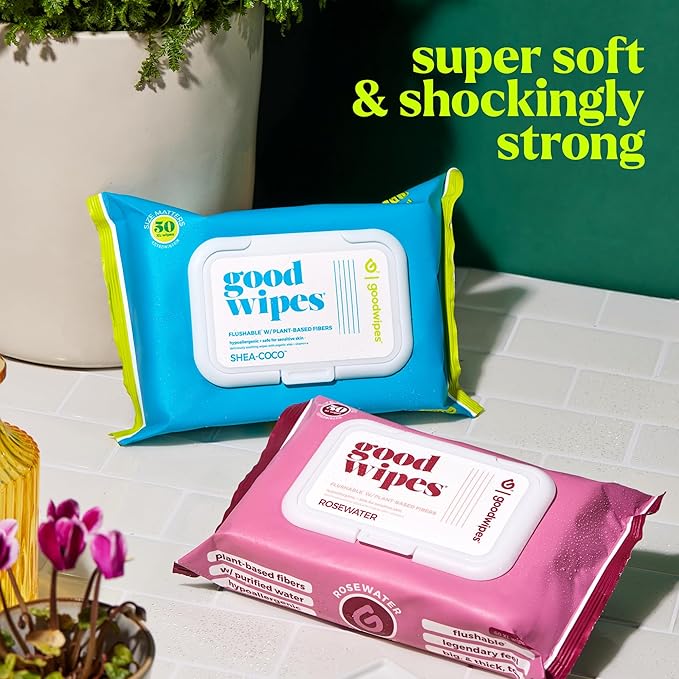 goodwipes Flushable Butt Wipes - Vitamin E & Aloe - Sewer & Septic Safe - Extra Large Adult Wet Wipes For Women & Men - Bathroom Essentials - Shea-Coco, 318 Count (6 Packs + 1 Travel)