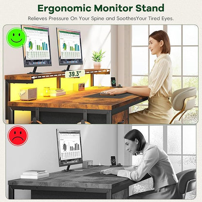 39.3Inch Office Desk with Power Outlet & Drawer, Gaming Desk with CPU Stand& LED Lights,Computer Desk with Ergonomic Monitor Stand for Small Space,Rustic Brown