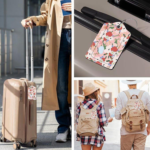 2 Pack Floral Luggage Tag for Suitcase, Pink Luggage Tags PU Leather Suitcase Tags Identifiers Stainless Steel Loop ID Bag Tags Card Baggage Bag Label