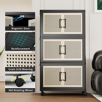 Stackable Storage Bins with Lids,Collapsible Plastic Storage Box Closet Organizers and Storage with Wheels and Magnetic Door for Home Office Dorm (3 Pack)