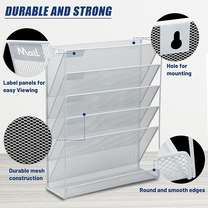 EASEPRES Desk File Organizer Mesh 6-Tier, Hanging Wall Mount Document Organization Stand, Desktop Vertical Mail Paper Folder Holder Rack with Bottom Tray for Office Home Cubicle Countertop, White