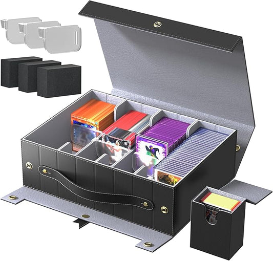 Top Loader Compatible Trading Card Storage Box with Handle, Small Case & Dividers - 2000+ Capacity Magnetic Deck Box for MTG Commander, for TCG, Sports Cards & Collectibles, Black Grey