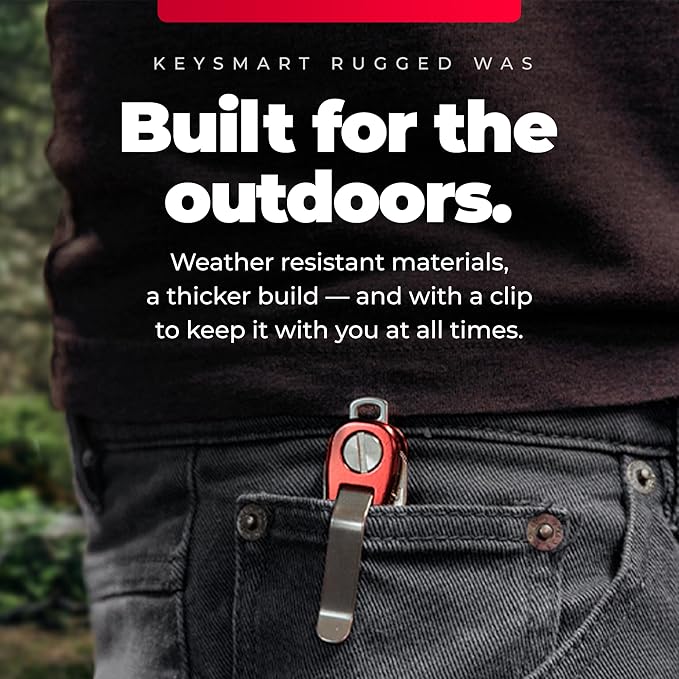 KeySmart Rugged - Multitool Key Holder for Keychain w/Bottle Opener and Pocket Clip, Key Organizer for Key Chain, EDC Keychains, Key Ring for Car Fobs Key Chains, Expandable (Up to 14 Keys, Red)