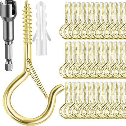 96 PCS Q-Hanger Hooks, Screw Hooks for Outdoor String Lights, Safety Buckle Design Cup Eye Hook for Hanging Christmas Lights, Plants, Mounted on Wall Ceiling, Include 1 Wing Nut Driver, Gold