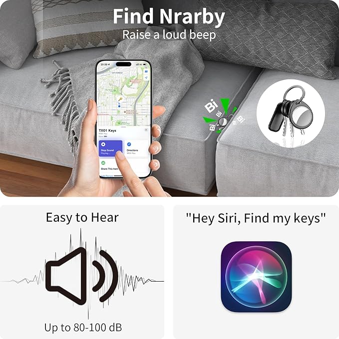 Air Tracker Tags-4 Pack, 5.3 Bluetooth Tracker Work with Apple Find My (iOS Only), 100dB Sound, Smart Tag with Keychain/Lanyard, Item Finder for Luggage/Key/Suitcase, Replaceable Battery, Black.