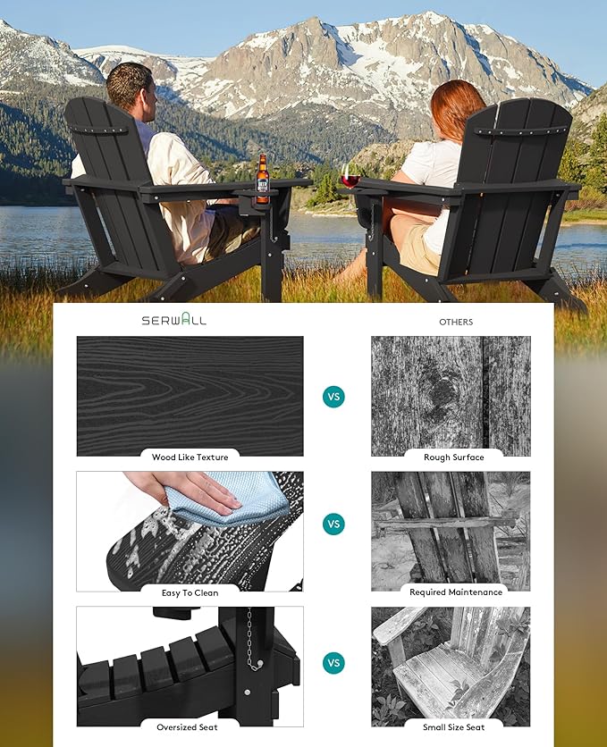 SERWALL HDPE Folding Adirondack Chair with Dual Cup Holder - Composite Adirondack Chair Set of 6- Black