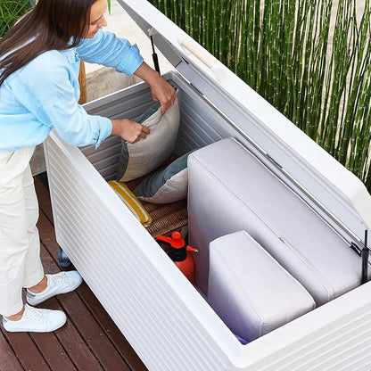 MIRADOR 175 Gallon Outdoor Storage Box Waterproof with Wheels, Metal Deck Box for Patio Furniture, Garden Tools, Outdoor Cushion, Latte