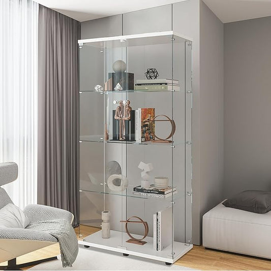 Beauty4U Glass Display Cabinet with 4 Shelves, 2 Doors Curio Cabinets for Living Room, Bedroom, Office, White Floor Standing Glass Bookshelf, Quick Installation