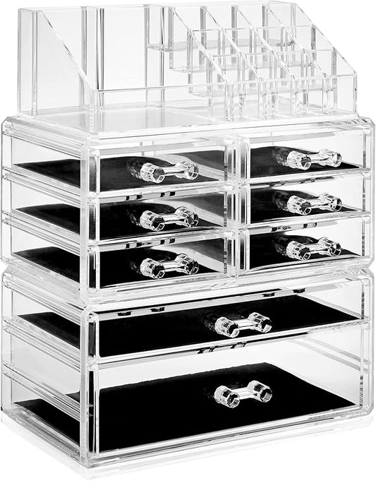 Casafield Acrylic Cosmetic Makeup Organizer & Jewelry Storage Display Case - 3 Piece Drawer Set - Clear